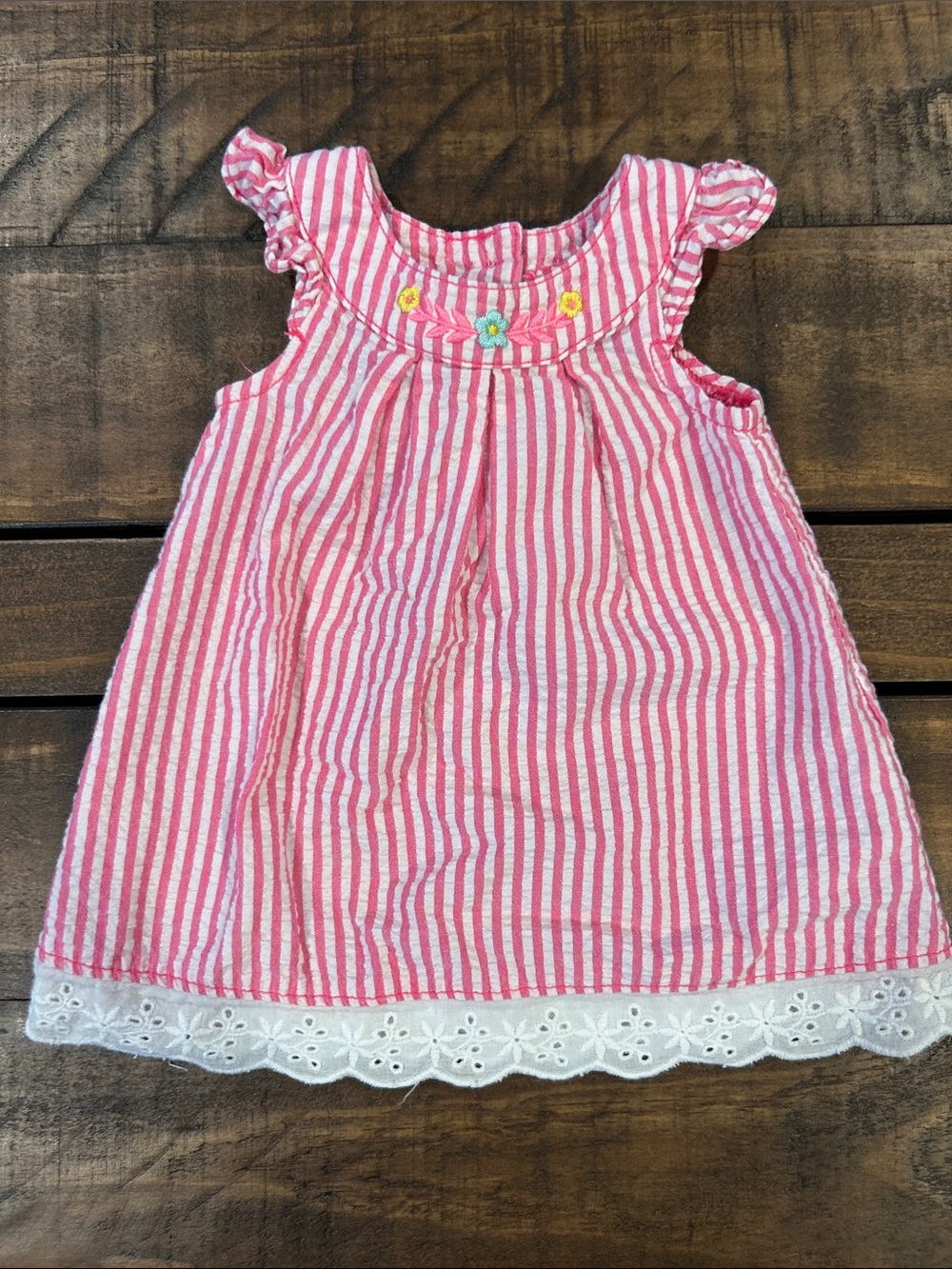 healthtex Pink and White Striped Baby Dress with Floral Embroidery & Eyelet Lace